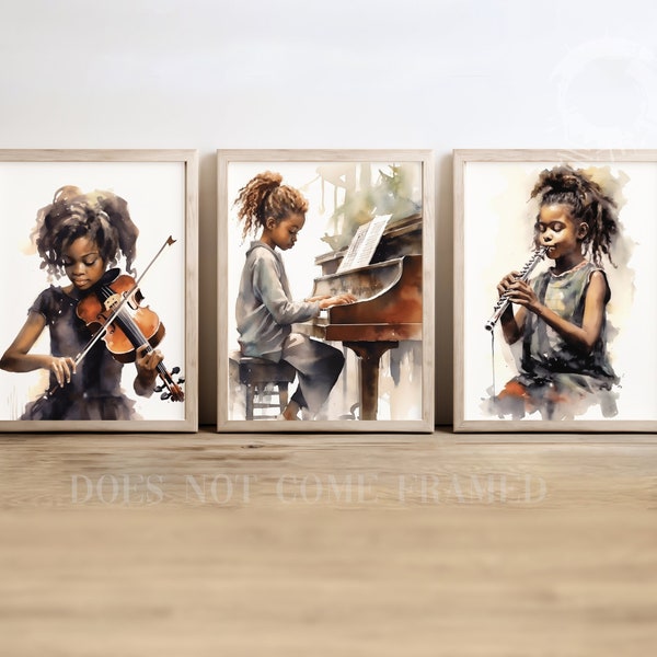 Black African American Girl playing Musical Instruments, Set of 3 Poster Prints, Wall Art Home Décor