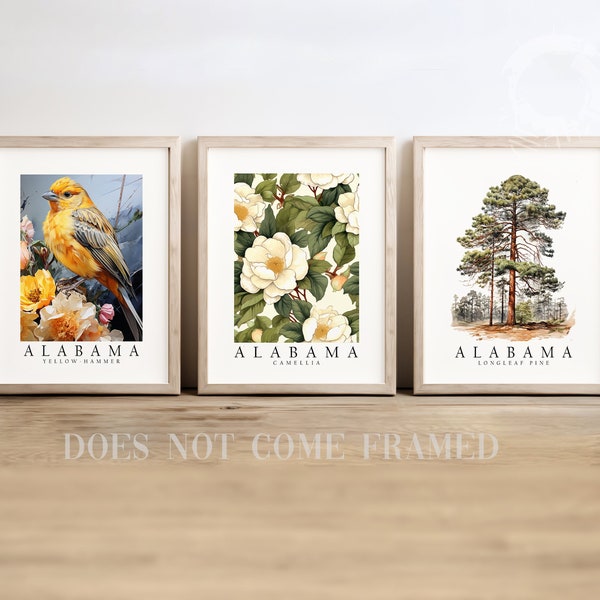 Alabama State Bird Yellowhammer, State Tree Longleaf Pine, State Flower Camellia, Set of 3 Poster Prints, Wall Art Home Décor