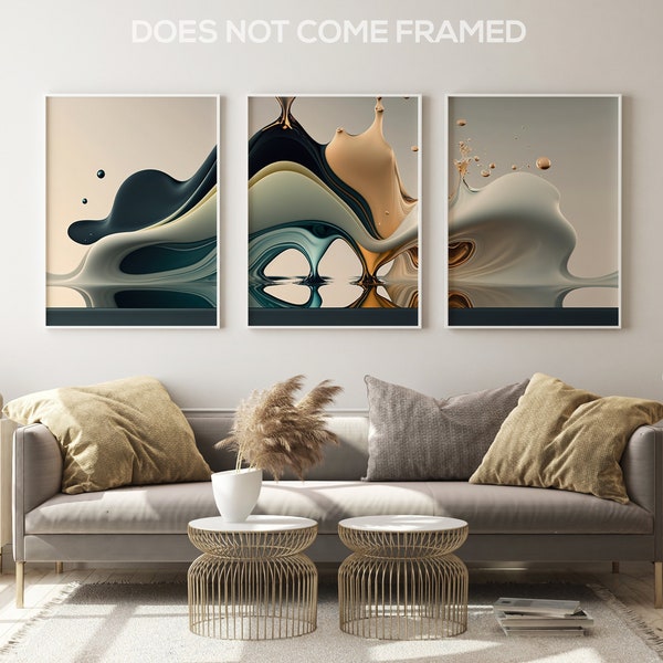 Abstract Minimal Art Muted Liquid Blending Colors, Set of 3 Poster Prints, Wall Art Home Décor