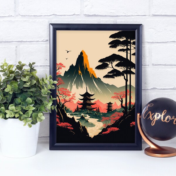 Sacred Japanese Tower Style 4, Japanese Art Style, Poster Print, Wall Art Home Décor