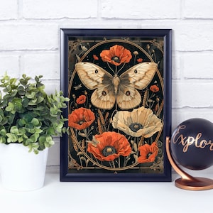 Moth & Poppy Flowers, Botanical Illustrations Giclee Print, Boho, Aesthetic, Cottagecore, Magical Nature, Poster Print, Wall Decor