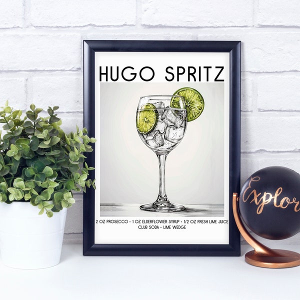 Hugo Spritz Art Print, Retro Chic, Party Signature Drink Sign, Sophisticated Minimalist Mixology, Cocktail Poster, Bar Cart Wall Decor