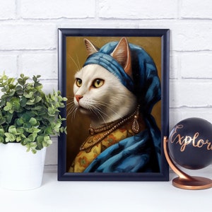 White Cat with Pearl Earring Oil, Famous Painting, Poster Print, Wall Art Décor
