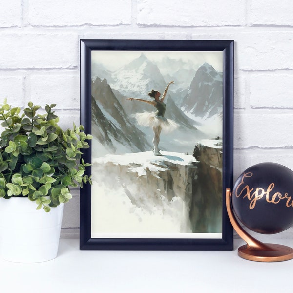 Ballerina Dancing in Snow Mountain, Aerial Perspective, Poster Print Painting, Wall Art Décor