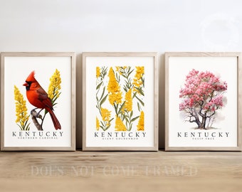 Kentucky State Poster Prints, Bird, Tree, Flower Wall Art Set