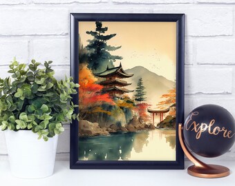 Japanese Tower House Near Lake And Mountain Art Poster Print, Home Wall Décor