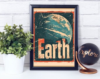 Earth Planet, Vintage Retro Style, Poster Print, Wall Décor