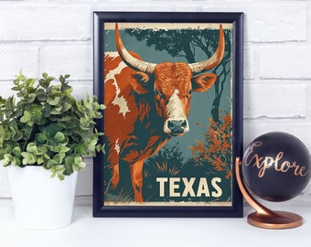 Longhorn, Texas, Large State Mammal, Vintage Retro Style, Poster Print, Wall Décor