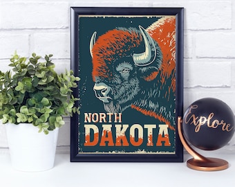 Buffalo, North Dakota, National State Animal, Vintage Retro Style, Poster Print, Wall Décor