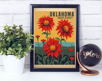 Indian Blanket, Oklahoma, Vintage Retro Style Flower, Poster Print, Wall Décor