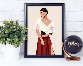 May include: A framed illustration of a woman wearing a white dress with lace trim and a red skirt. She is holding a black fan and has a pearl earring in her left ear.