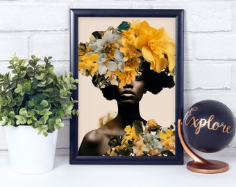 May include: A framed print of a woman with a crown of yellow and white flowers on her head. The background is a light peach color. The woman is looking at the viewer with a serious expression. The print is in a black frame.