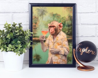 Monkey Drinking Cocktail, Poster Print Painting, Wall Art Décor