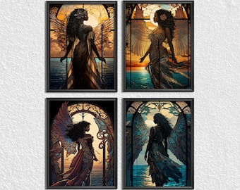 Black Woman Angels, Set of 4 Poster Prints, Wall Art home Décor