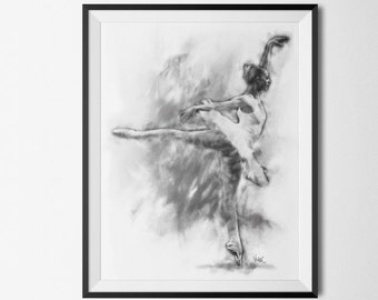 Charcoal Drawing Black and White sketch Abstract Framed poster Dancing Ballerina Print from original art by Denisa D.
