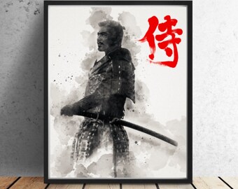 Samurai Toshiro Mifune Japans aquarelschilderij, woondecoratie, digitale print