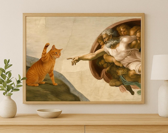 Michelangelo Parody, Humorous Renaissance Meme, Funny Cat Poster Print