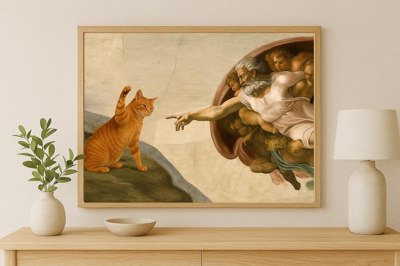 Michelangelo Parody, Humorous Renaissance Meme, Funny Cat Poster Print image 1