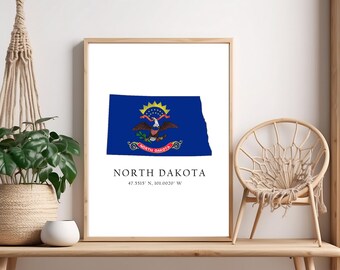 North Dakota Map Poster Print: State Flag & Coordinates
