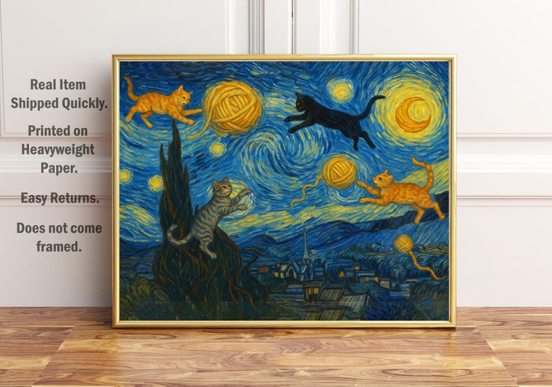 May include: A framed print featuring a whimsical adaptation of Van Gogh's "Starry Night," with playful cats and yarn balls replacing the original elements. The artwork is set against a swirling blue and yellow night sky.