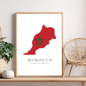 Morocco Map Print, Morocco Flag, Morocco Latitude Longitude Coordinates, Poster Print, Wall Art Home Décor