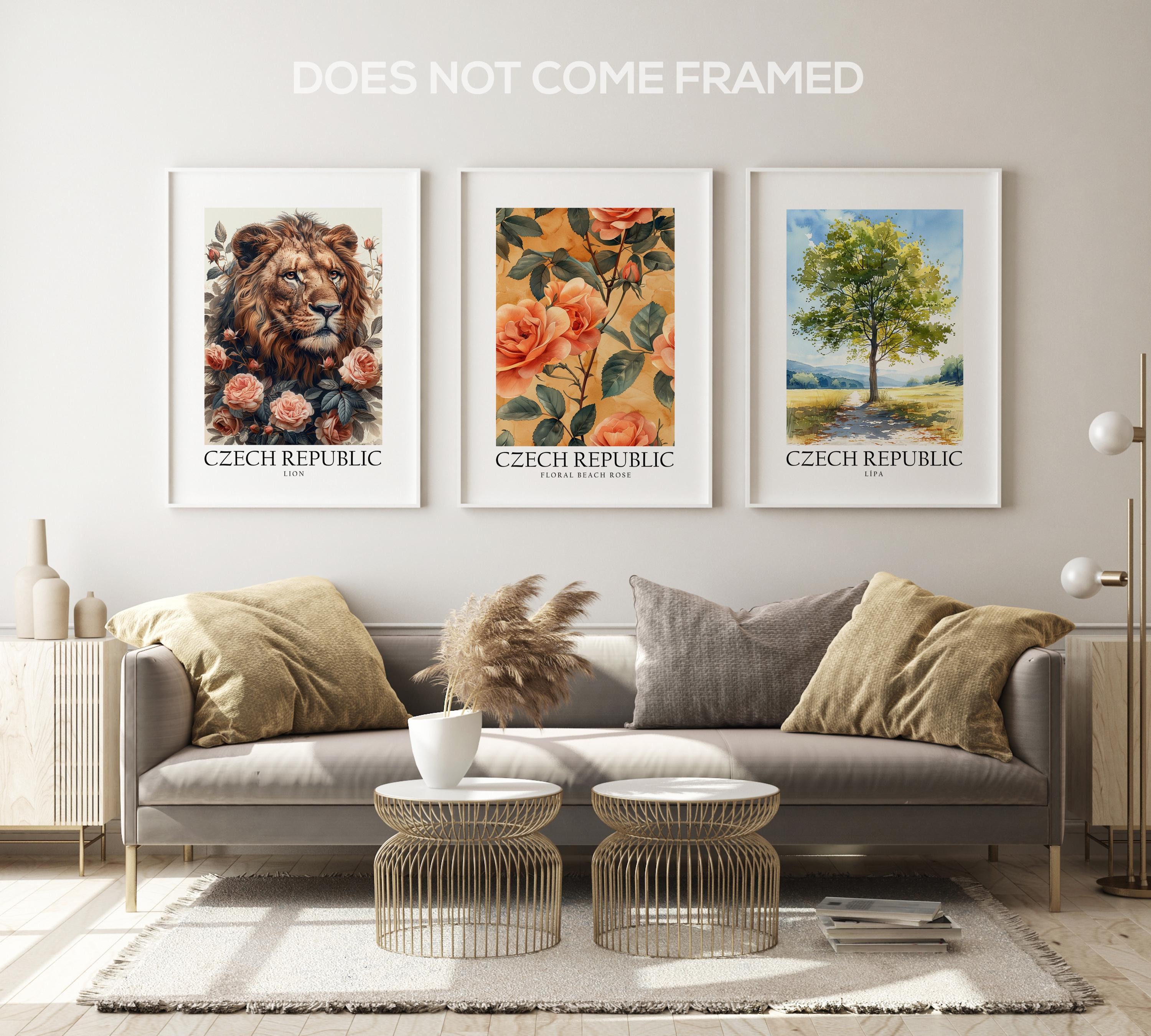 Czech Republic National Symbols, The Czech Lion, Floral Beach Rose Flower, Lípa Tree, Set of 3 Poster Prints, Wall Art Home Décor