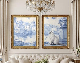 Blue Toile Cat Art Poster Set of 2: Vintage French Style Wall Decor