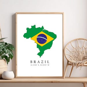 Impresión de mapa de Brasil, bandera de Brasil, coordenadas de latitud y longitud de Brasil, póster, arte mural para decoración del hogar