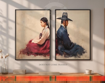 Korean Hanbok Couple Art Print, Korea Cultural Heritage Portrait, Set of 2 Posters
