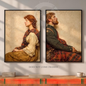 May include: Two framed art prints. One features a woman with red hair in a plaid shawl and a cream-colored blouse. The other depicts a man with a red beard in a military jacket and plaid kilt. Both are seated in profile.