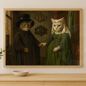 May include: Framed artwork featuring two cats dressed in period clothing, holding hands. One cat wears a black coat and top hat, the other a green dress and white head covering. The background includes a chandelier and ornate details.