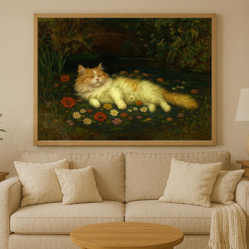 Puede incluir: Una impresi&oacute;n enmarcada de un gato relajado tumbado en un campo de flores. El gato tiene pelaje naranja y blanco y est&aacute; rodeado de flores rojas, blancas y amarillas. La obra de arte est&aacute; enmarcada en madera y cuelga sobre un sof&aacute; beige.