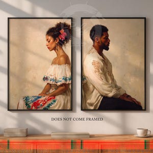 May include: Two framed art prints. One depicts a woman in an off-the-shoulder dress with floral accents. The other shows a man in a white shirt with ornate embroidery. Both portraits are set against a neutral background.