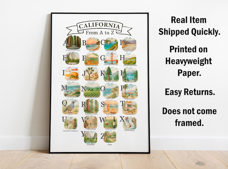 California Alphabet Poster: State Symbols & Icons Travel Art - Etsy