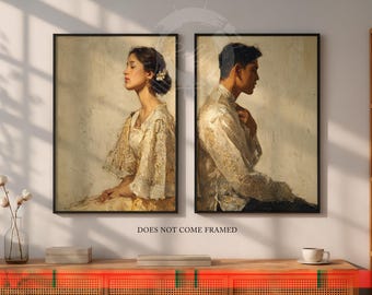 May include: Two framed art prints. One features a woman in a cream-colored dress with lace sleeves, the other a man in a similar shirt. Both portraits are in profile against a neutral background. The text "DOES NOT COME FRAMED" is below the prints.