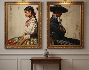 Mexican Couple Art Print, Mexico Cultural Heritage Portrait, Set