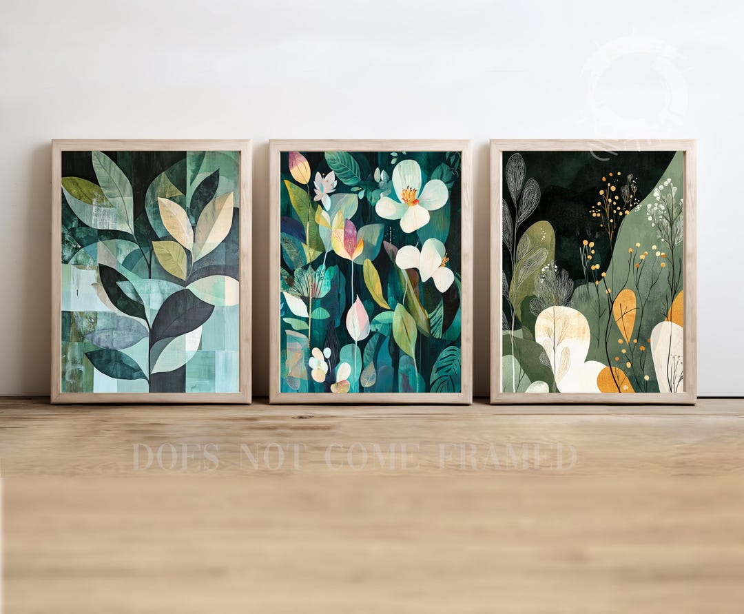 Abstract Botanical Art Prints, Modern Green Floral Wall Decor, Set of 3 ...