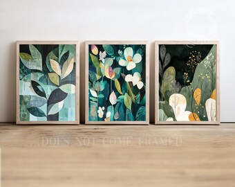 Abstract Botanical Art Prints, Modern Green Floral Wall Decor, Set of 3 Poster