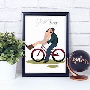 Custom Cycling Couple Art Minimalist Cartoon Portrait, Unique Couple Personalized Wedding Gift Illustration