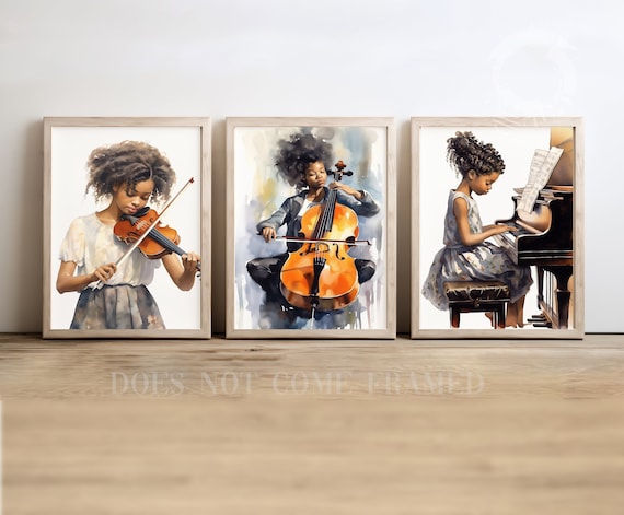 Black African American Girl Playing Piano Cello Violin Instruments Set of 3 Poster Prints Wall Art Decor Etsy