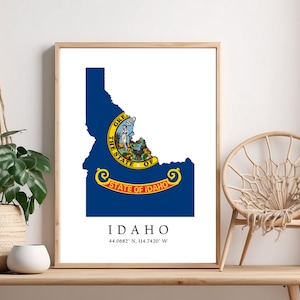 Idaho Map Print, Idaho Latitude Longitude Coordinates, Idaho Flag, Poster Print, Wall Art Home Décor