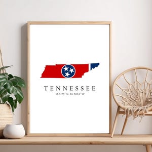Tennessee Map Print, Tennessee Flag, Tennessee Latitude Longitude Coordinates, Poster Print, Wall Art Home Décor