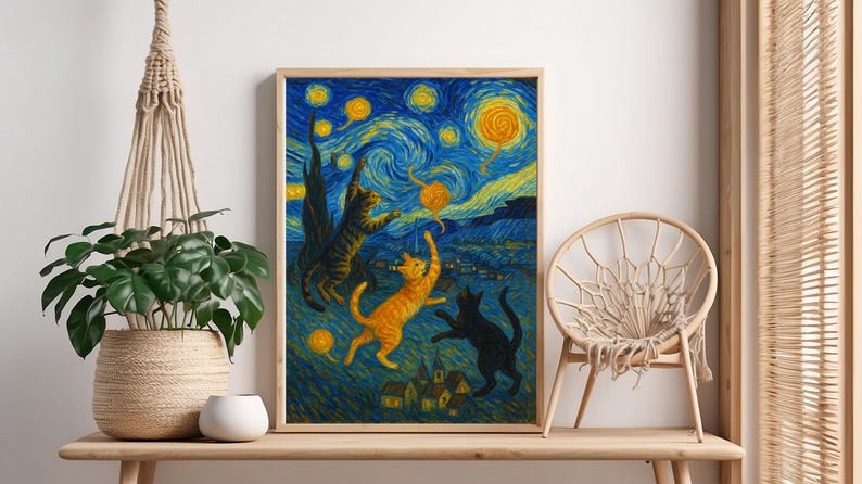 Op de afbeelding: Een ingelijste print met katten die spelen onder een sterrenhemel, in de stijl van Van Gogh. Het kunstwerk toont drie katten in oranje, zwart en bruin tegen een blauwgele achtergrond. De print zit in een houten lijst.