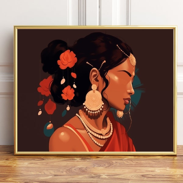 Indian Woman Art with Floral Headdress, Poster Print, Wall Decor