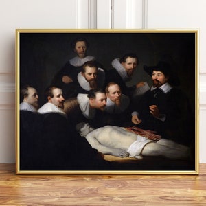 May include: A painting depicting a group of men gathered around a table, observing a dissected body. The men are dressed in dark clothing and have serious expressions on their faces. The body is lying on a white cloth, and the muscles and organs are visible. The painting is set in a dark room, and the light is coming from a window in the background.