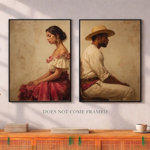May include: Two framed art prints. One depicts a woman in a red dress and off-white top. The other shows a man in a white shirt and straw hat. The text "DOES NOT COME FRAMED" is below the prints.
