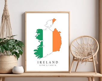 Ireland Map Poster Print: Irish Flag, Latitude Longitude Coordinates