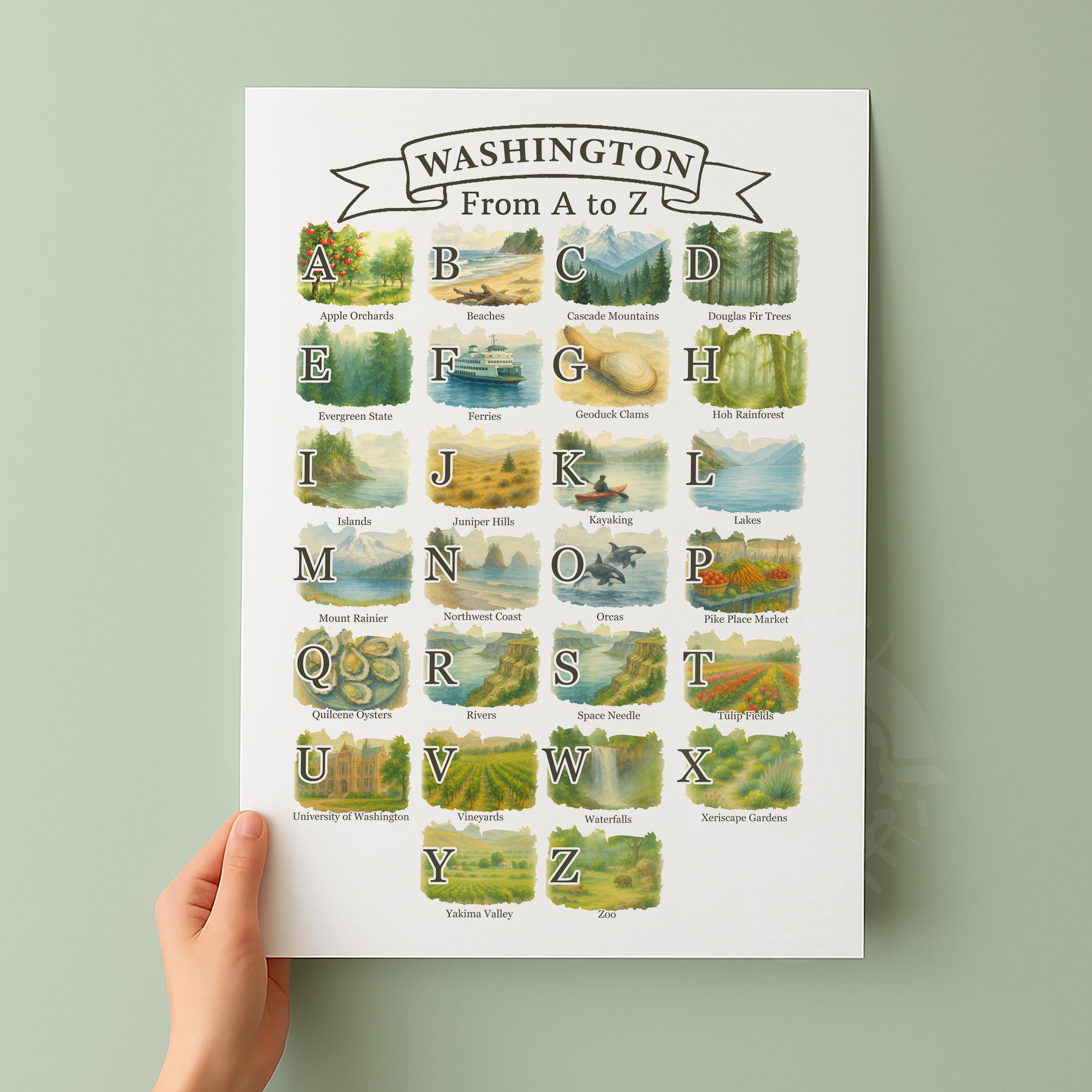 Washington A-Z Alphabet Poster, State Symbols & Icons, Travel Art