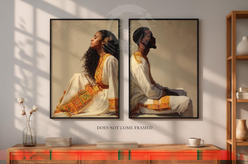 May include: Two framed art prints. One depicts a woman in a white dress with gold and orange embroidery, the other a man in a similar outfit. Both are seated. The text "DOES NOT COME FRAMED" is at the bottom.