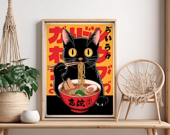Black Cat Ramen Print: Retro Japanese Kitchen Art Poster